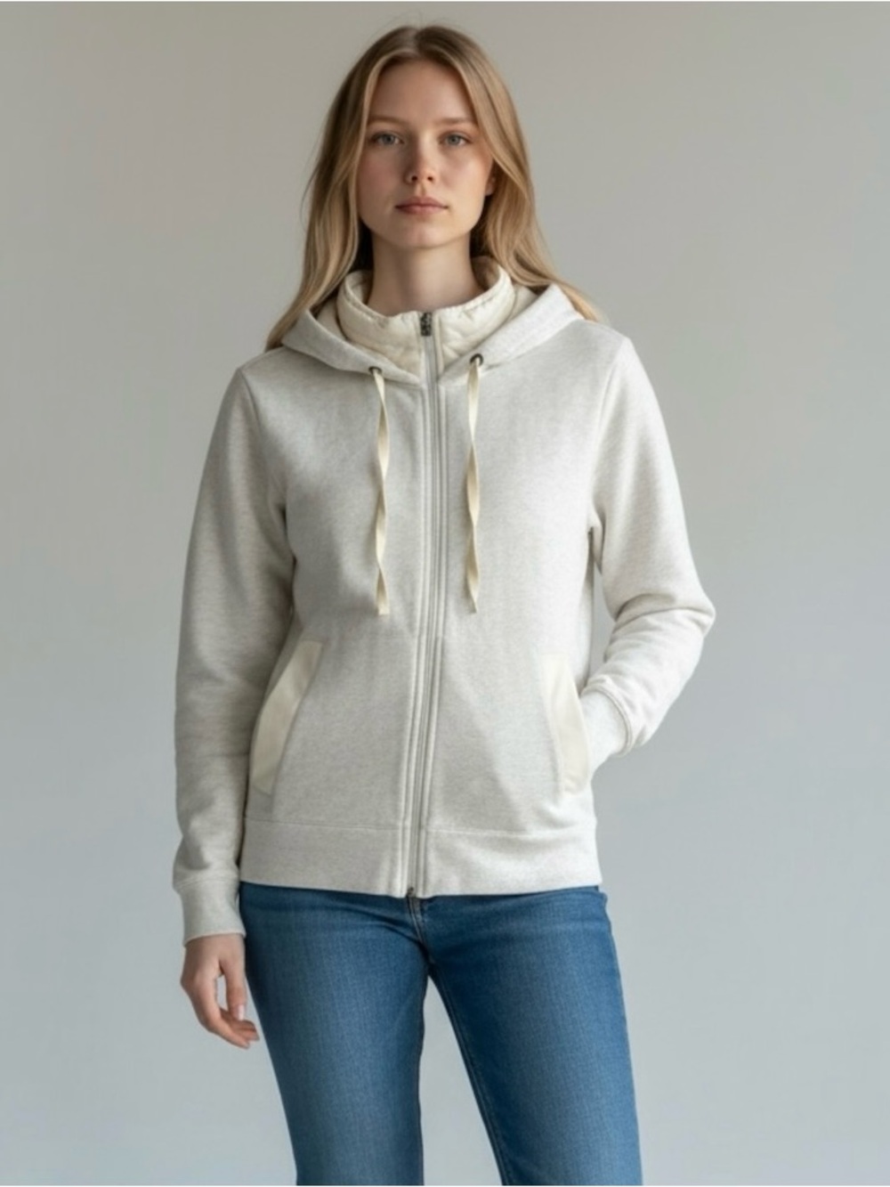 T by Talbots Light Cream Zip Front Fleece Mixed Media Hoodie Sweatshirt Size M